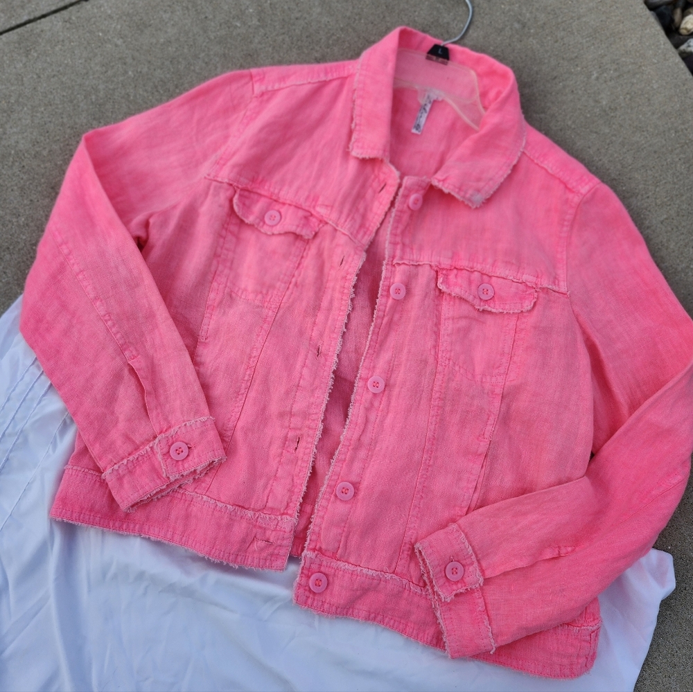 Women's Lu Lu B Linen Jacket Size Large Flamingo/Coral pink shade